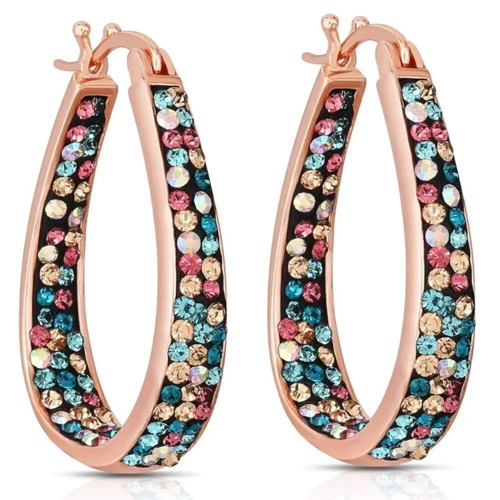 14K Rose Gold with Multicolored Crystal U Shape French Lock Hoop Drop Earrings